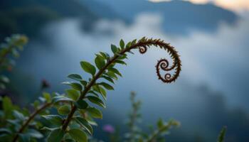close up view of curled fern tendrils silhouetted against soft morning fog. photo