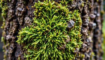 close up view of moss growing in radial patterns across the side of a tree trunk. photo
