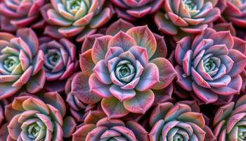 close up view of vibrant succulent rosettes arranged in a symmetrical pattern, showing detailed leaf edges. photo