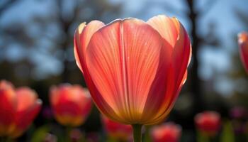 close up view of tulip petals backlit by sun, creating vibrant translucency. photo