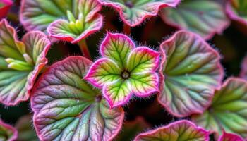 close up view of geranium leaves with fuzzy surfaces and bright green tones. photo