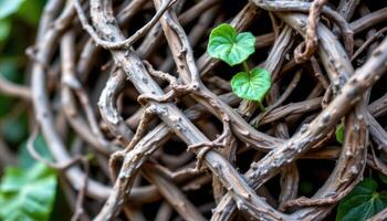 close up view of twisted vines wrapping around each other with visible tension and growth direction. photo