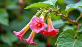 close up view of trumpet vine blossoms emerging from twisted stems. photo