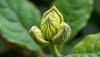 close up view of flower buds still enclosed in protective green sepals. photo