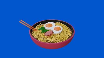 Slowly Rotating 3D Ramen Bowl with Ingredients on Blue Background video