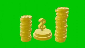 Stacks of Gold Coins and Rotating 3D Dollar Symbol on Green Background video