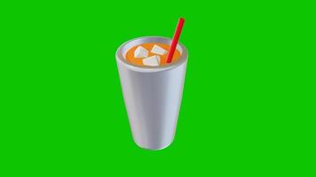 3D Yellow Juice in Glass with Stirring Straw and Rolling Ice Cubes on Green Screen video