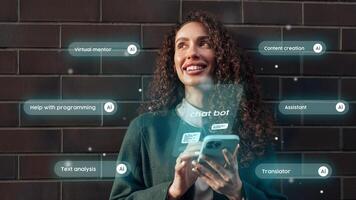 Woman using smartphone with holographic AI features in urban setting, showcasing technology in daily life photo