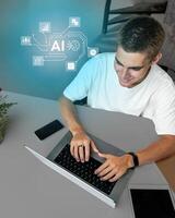 Young man engaged in creative work using a laptop and exploring artificial intelligence concepts at home photo