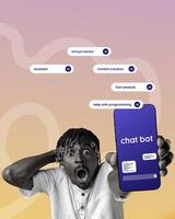 Person surprised by chatbot interface while exploring AI capabilities for content creation and programming assistance photo