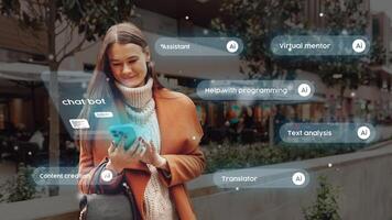 Young woman engaging with AI chatbot on smartphone in urban setting while smiling and exploring technology options for assistance photo