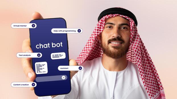 Man holds smartphone displaying chat bot functions in a virtual assistant demonstration photo