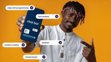 Man showcasing chatbot app features with AI capabilities in a vibrant orange background photo