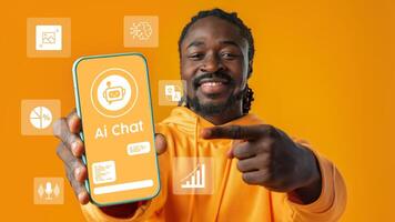 Smiling man showcasing an AI chat application on a smartphone against a vibrant orange background photo