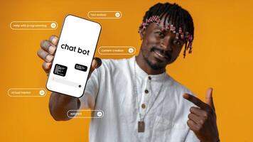 Man showcasing chatbot mobile application with helpful features on a vibrant orange background photo