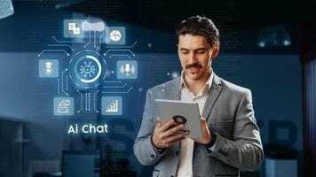 Business professional engaged in AI chat technology while analyzing data on tablet in modern workspace photo
