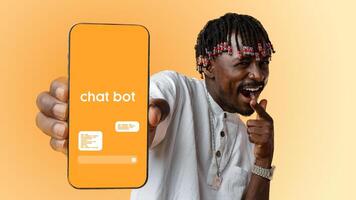 Man showcasing smartphone with chatbot interface in vibrant setting, highlighting modern technology and communication trends photo