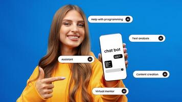 Young woman demonstrating chatbot app features while smiling against a blue backdrop photo