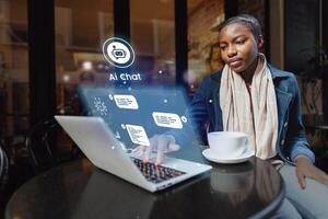 Woman engaging with AI chat technology in a cozy cafe setting while sipping coffee during the day photo
