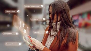 Woman using smartphone to access AI assistant for various tasks in city environment during the day photo