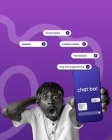 Surprised person showing mobile phone with chatbot interface and AI-related features in a vibrant setting photo