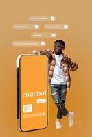 Engaging young man showcases chatbot technology highlighting AI capabilities in content creation and programming assistance photo