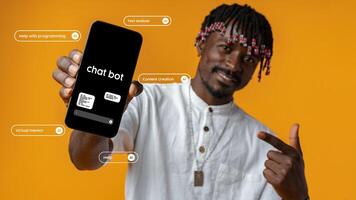 Innovative user showcasing chatbot features with smartphone against vibrant orange background in creative setting photo