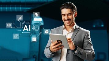 Professional man using tablet to engage with artificial intelligence tools in a modern office setting photo