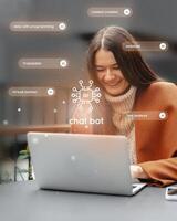 Woman using laptop with chatbot interface at modern workspace focused on AI applications and digital assistance photo