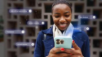 Woman smiling while using smartphone to access digital assistant technology for various tasks and services in urban setting photo