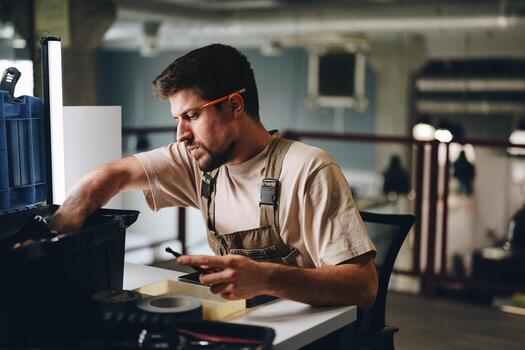 Craftsman working diligently at a table with tools in a modern workshop setting during daylight hours photo