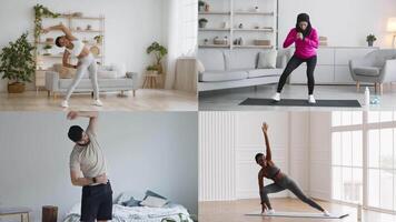 A collection showcases multiple athletes practicing different fitness routines in modern indoor settings. The diversity in activities highlights a commitment to healthy living and wellness. video