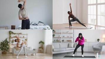 A group of diverse individuals performs various athletic activities indoors, showcasing fitness routines including stretching, yoga, and energetic workouts. video