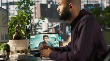 Business manager on videocall with worker attending briefing meeting to share new ideas to profit growth. Specialist in online telework call using tablet to explain startup evolution vision, camera A video