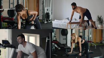 A group of diverse individuals participates in different workout routines, showcasing athleticism and commitment to healthy living. The environment is energetic and motivating, focusing on fitness. video
