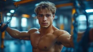 A man with pumped up muscles is training in a gym, his focused look and sweat on his skin emphasize the intensity of the workout. photo