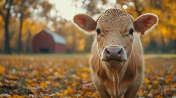 Close up of young cow with number tag on her ear in rustic autumn farmyard setting. photo