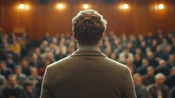 A young man performs in front of an audience, his back to the camera, illuminated by soft lighting in the cozy atmosphere of the hall. photo
