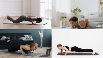 Four women are performing push-ups in different indoor settings, showcasing their dedication to fitness. Each individual is focused on maintaining proper form while exercising on mats. video