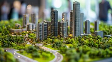 A panoramic view of the city with skyscrapers surrounded by greenery in a miniature model highlights the balance between urbanization and ecology. photo