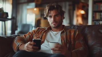 Young man in a cozy home environment with a cup of coffee and a smartphone in his hands, relaxing on the sofa. photo