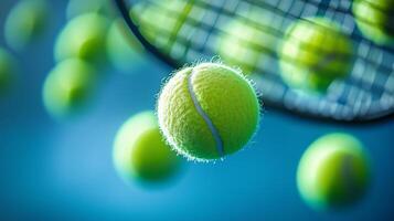 Tennis balls in motion, soft focus, blue sky and a hint of a sports theme with a racket. photo