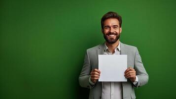 Portrait of smiling man in business suit showing blank white sheet of paper on green background. photo