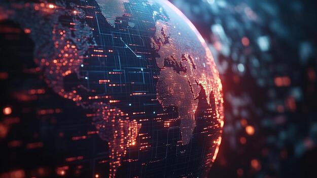 A dynamic image of the globe with bright dots and lines, reflecting technological development and globalization. photo