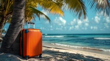 An orange suitcase stands under a palm tree against the backdrop of a sandy beach and turquoise sea, symbolizing the beginning of a vacation or journey. photo