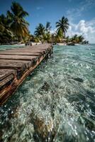 Summer vacation by clear ocean with wooden dock and palm trees photo