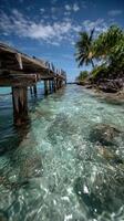 Clear ocean waters under a bright sky beside a wooden dock during summer vacation photo