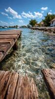 Serene dock extends over clear ocean water on a vibrant summer day photo