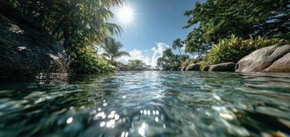 Sunlight sparkling on tranquil water during summer vacation photo