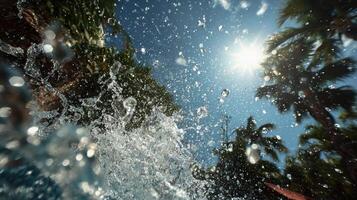 Summer vacation fun with splashes and bright sunlight creating a lens flare photo